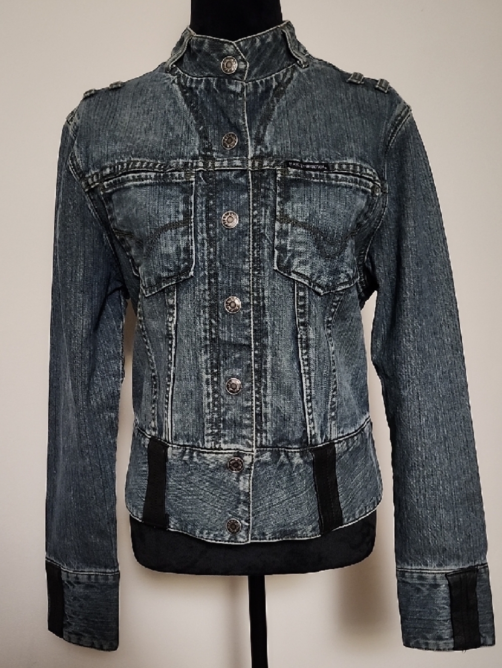 Harley-Davidson Denim Jacket Large Embroidered Logo Leather Trim Snap Front Zip - Picture 2 of 16